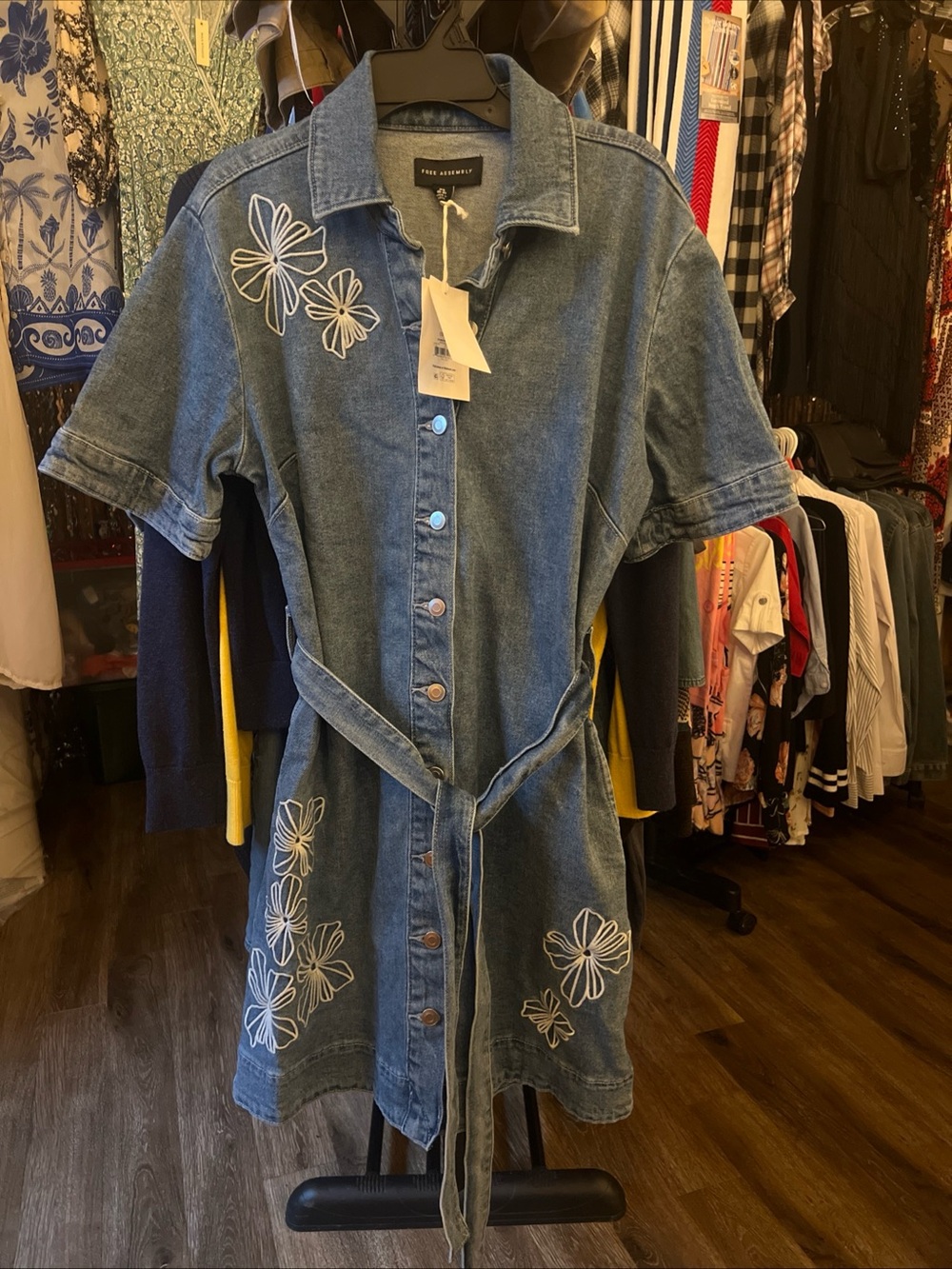Free Assembly Light Wash Denim Shirt Dress with White Embroidery